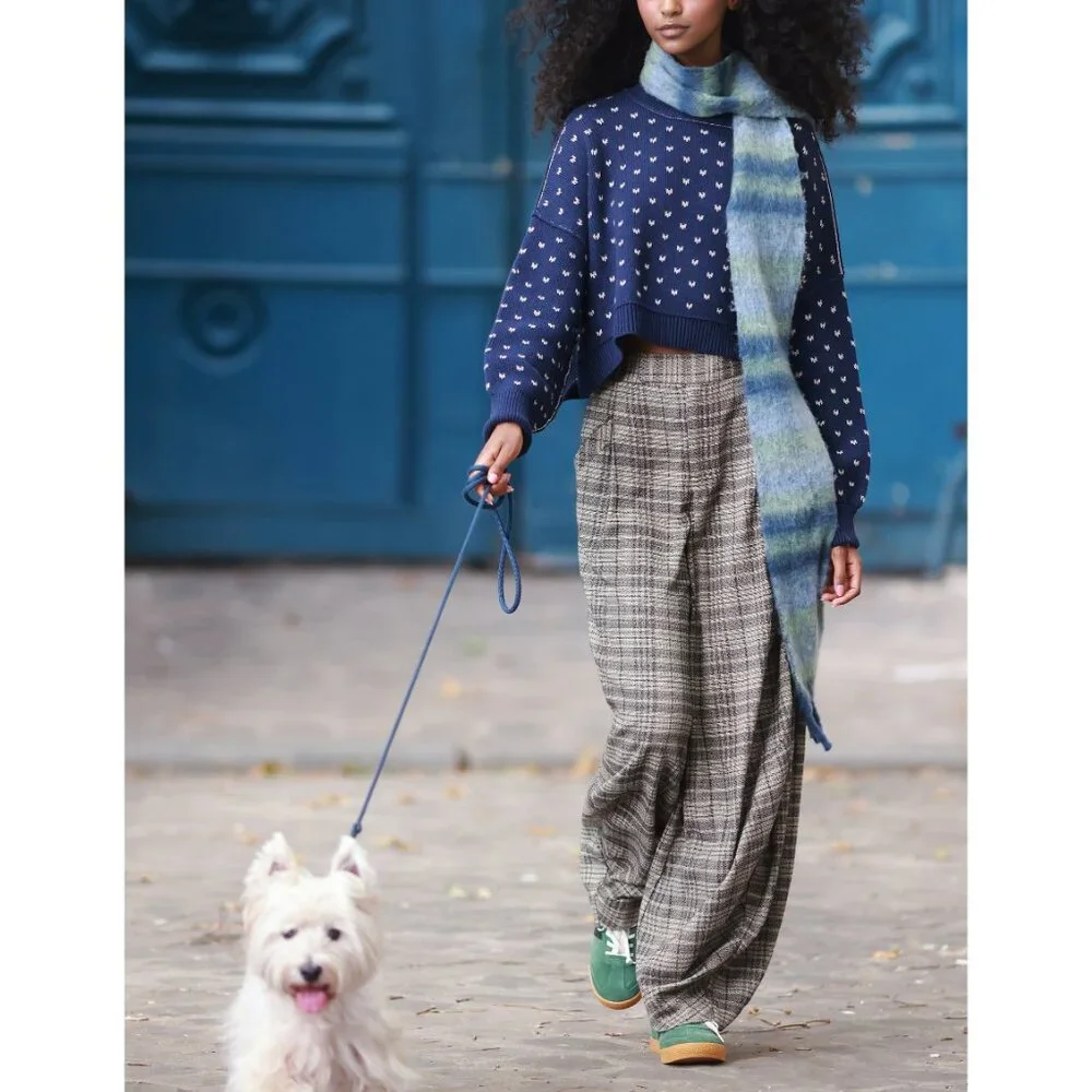 Free People Navy Blue Cropped Crewneck Sweater with Cream Dot Pattern